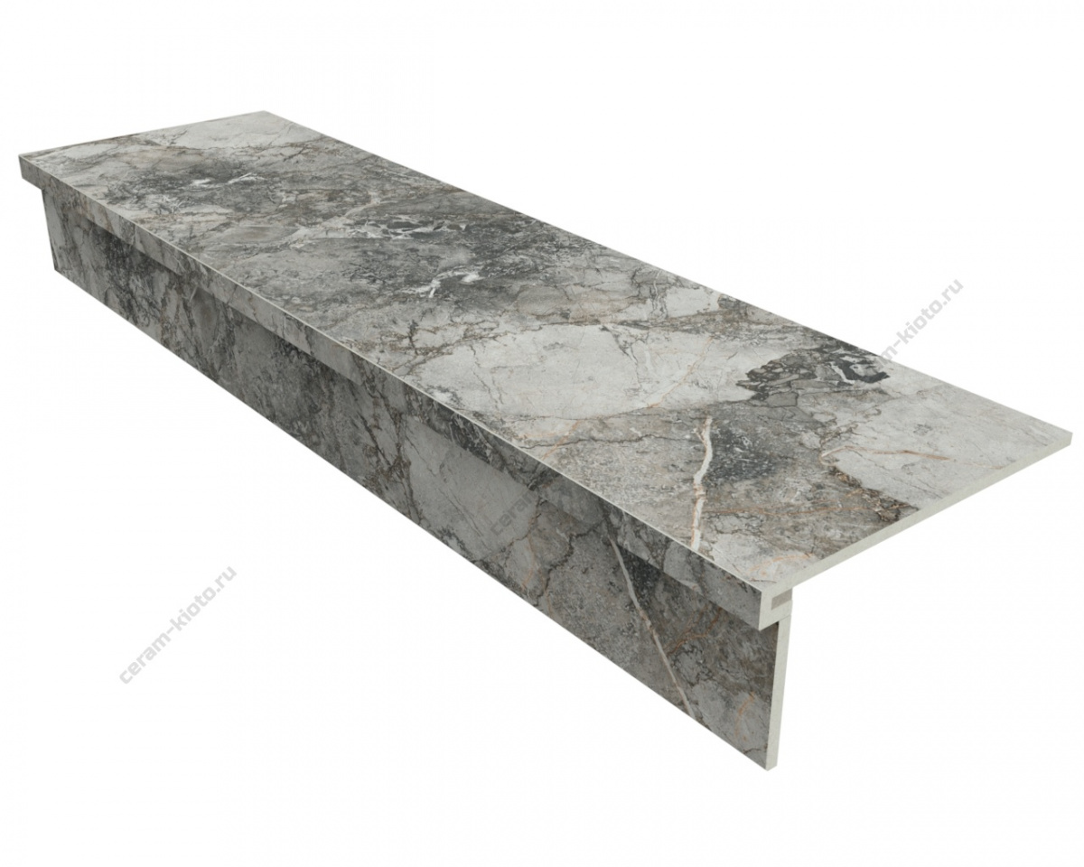 Ступень из керамогранита Idalgo Home Ardesio Titanium ID9087B088LLR-P 1200x330 с профилем П 30 мм Лёгкое лаппатирование Светло-серый;Серый с П-образной подклейкой носика