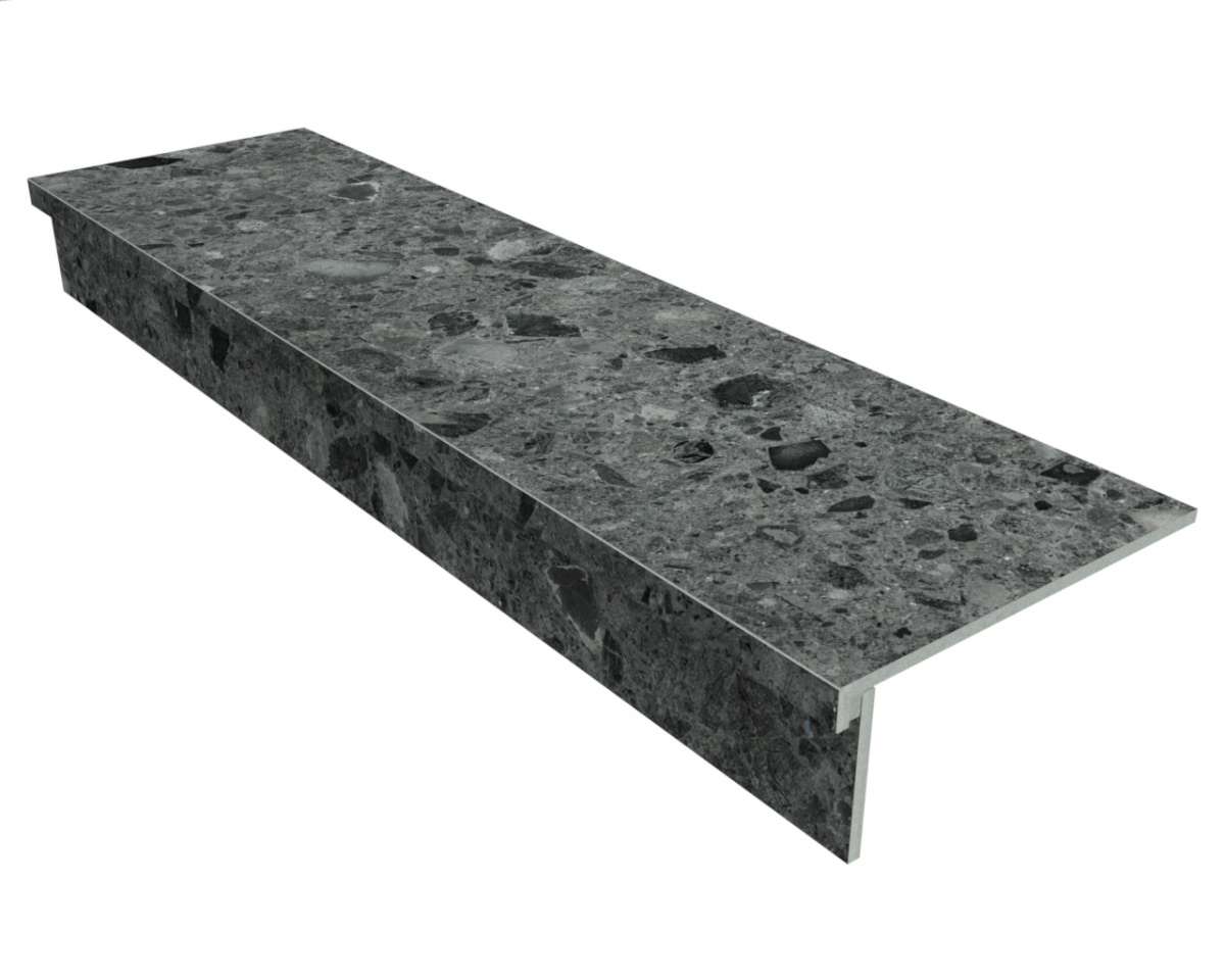 Ступень из керамогранита Idalgo Home Gerda Black-Olive ID9063b080MR-G 1200x320 с профилем Г 30 мм Матовый Чёрный;Тёмно-серый с Г-образной подклейкой носика
