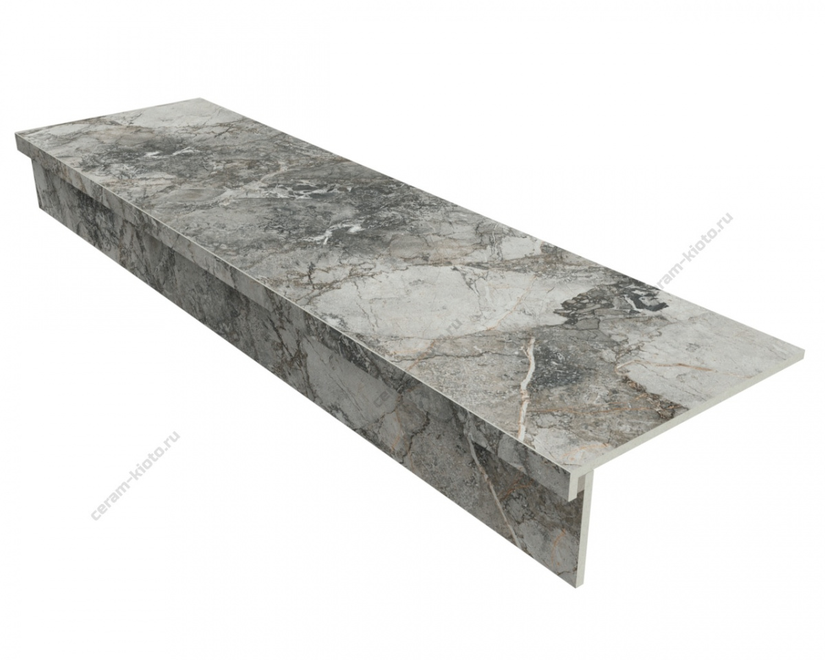 Ступень из керамогранита Idalgo Home Ardesio Titanium ID9087B088LLR-G 1200x320 с профилем Г 30 мм Лёгкое лаппатирование Светло-серый;Серый с Г-образной подклейкой носика