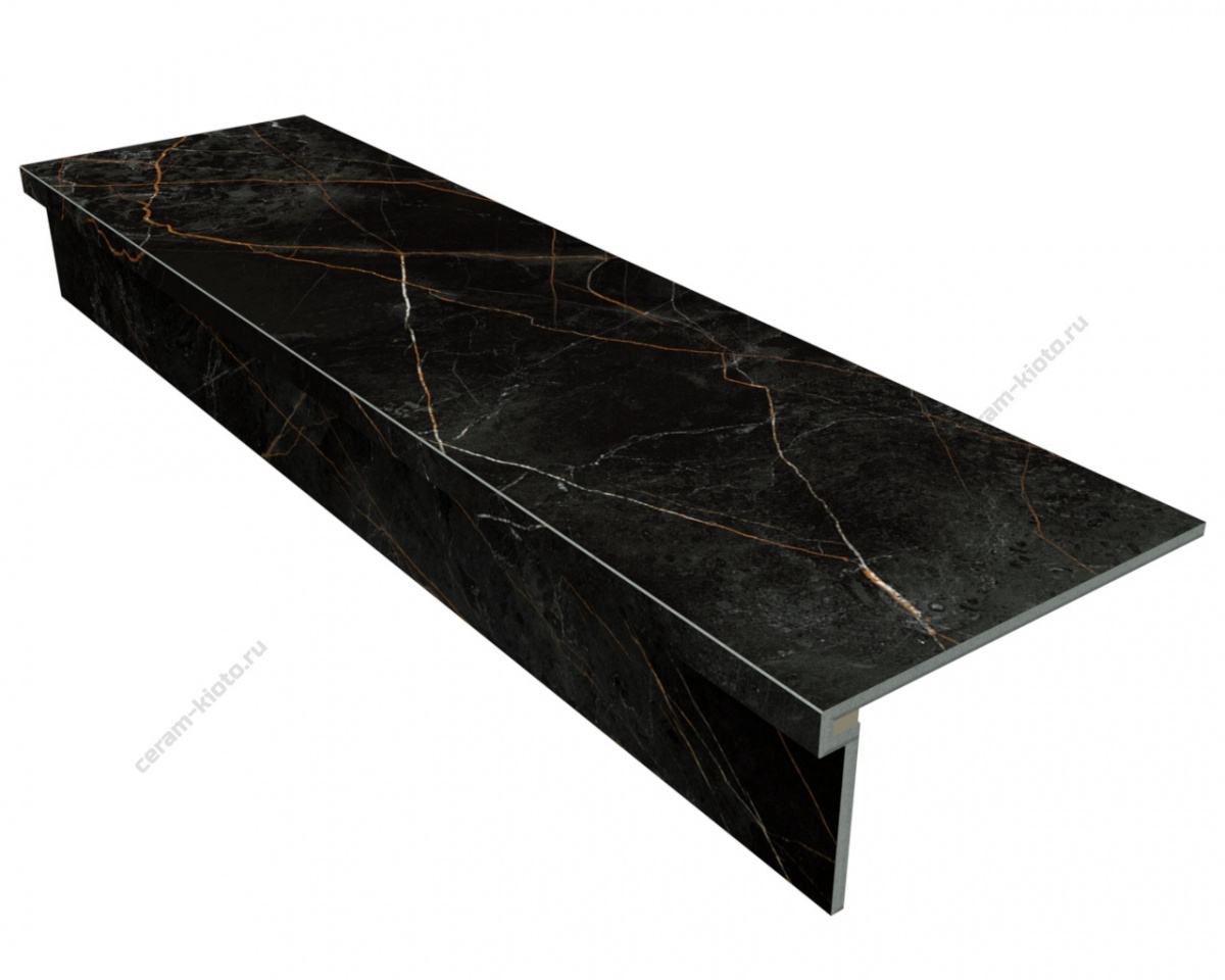 Ступень из керамогранита Idalgo Home Sandra Black Olive ID9018C080LLR-P 1200x330 с профилем П 30 мм Лёгкое лаппатирование Чёрный с П-образной подклейкой носика