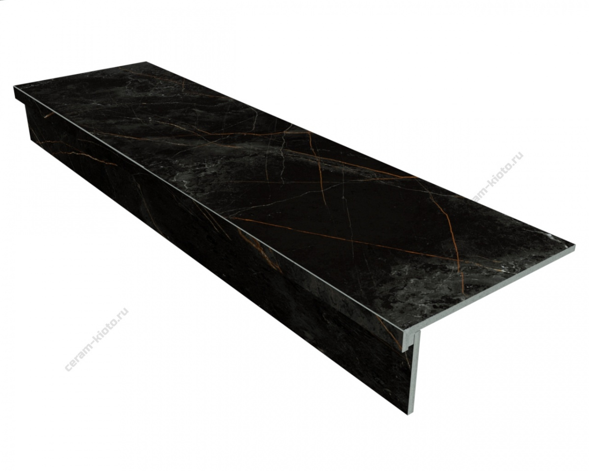 Ступень из керамогранита Idalgo Home Sandra Black Olive ID9018C080LLR-G 1200x320 с профилем Г 30 мм Лёгкое лаппатирование Чёрный с Г-образной подклейкой носика