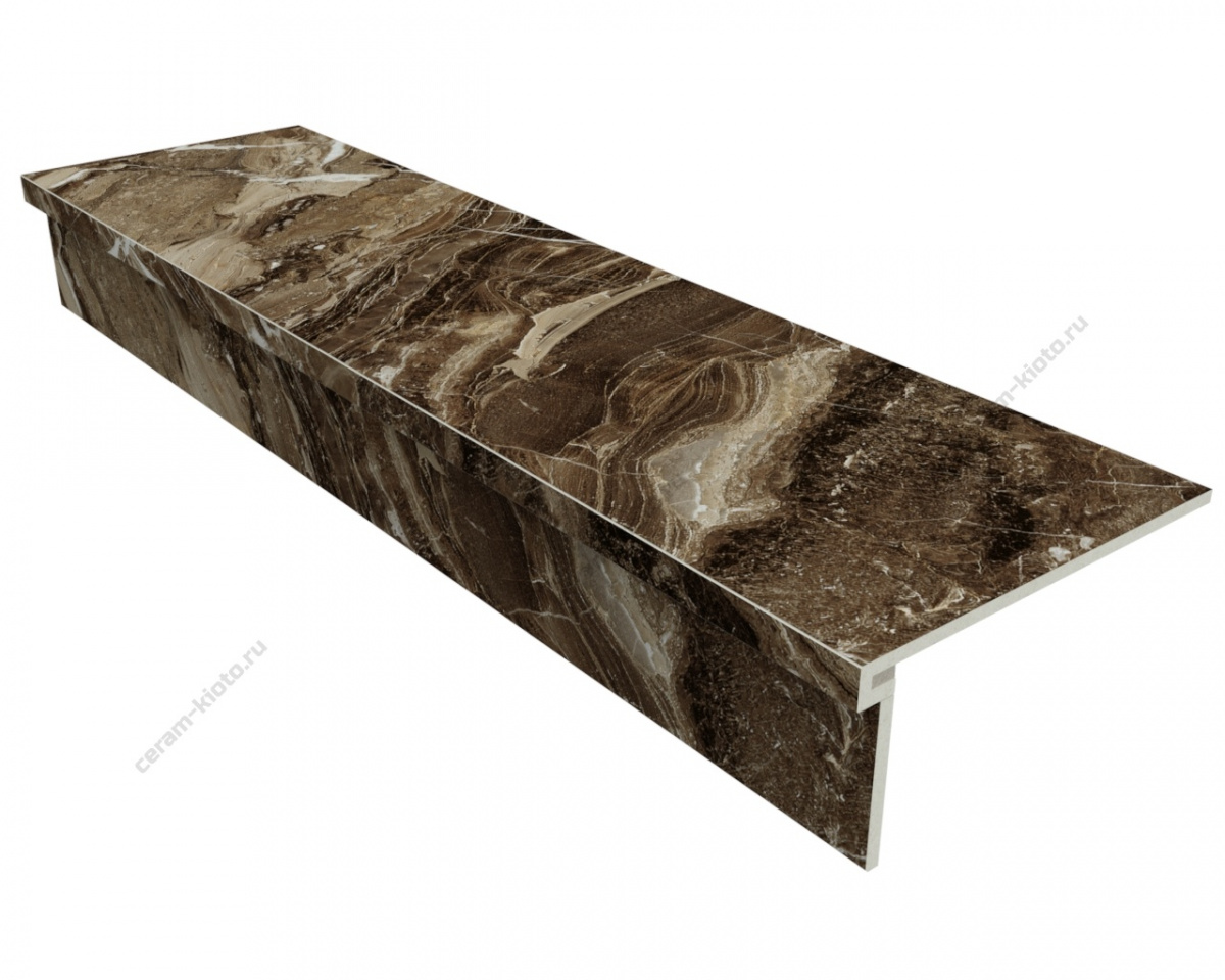 Ступень из керамогранита Idalgo Home Arabesco Lite ID9084B093LLR-P 1200x330 с профилем П 30 мм Лёгкое лаппатирование Коричневый;Светло-коричневый с П-образной подклейкой носика